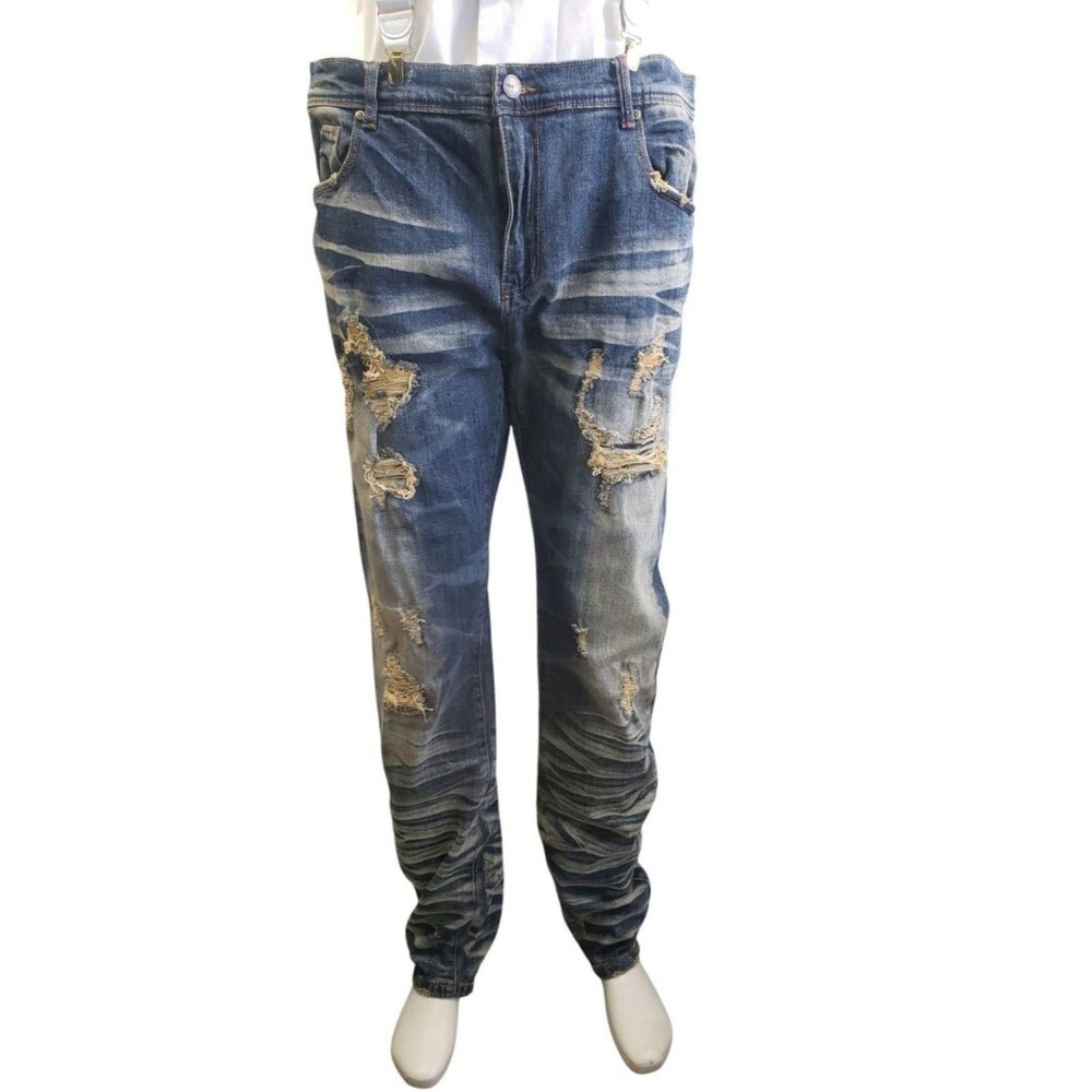 PREME Jeans Mens 40x34 Cairo Indigo Distressed Slim Fit Straight Leg Denim